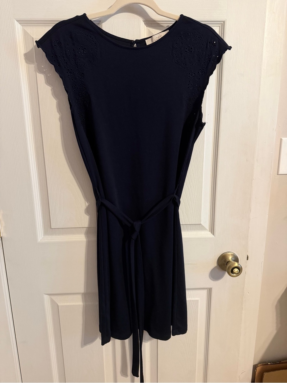 LOFT Navy Eyelet Cap-Sleeve Tie-Waist Mini Dress